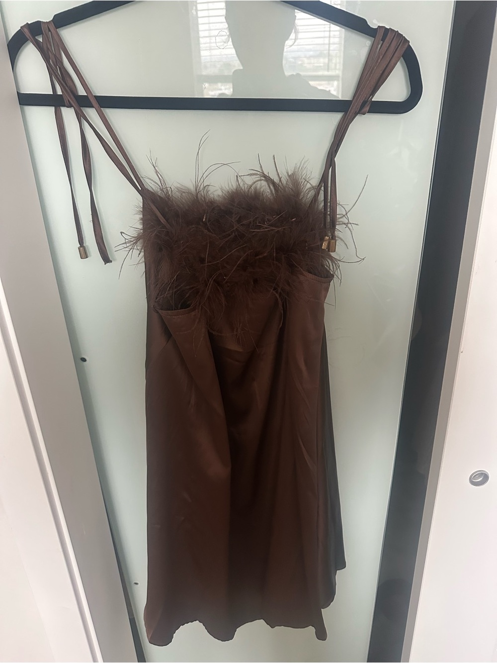 Nasty Gal Chocolate Feather-Trim Slip Mini Dress